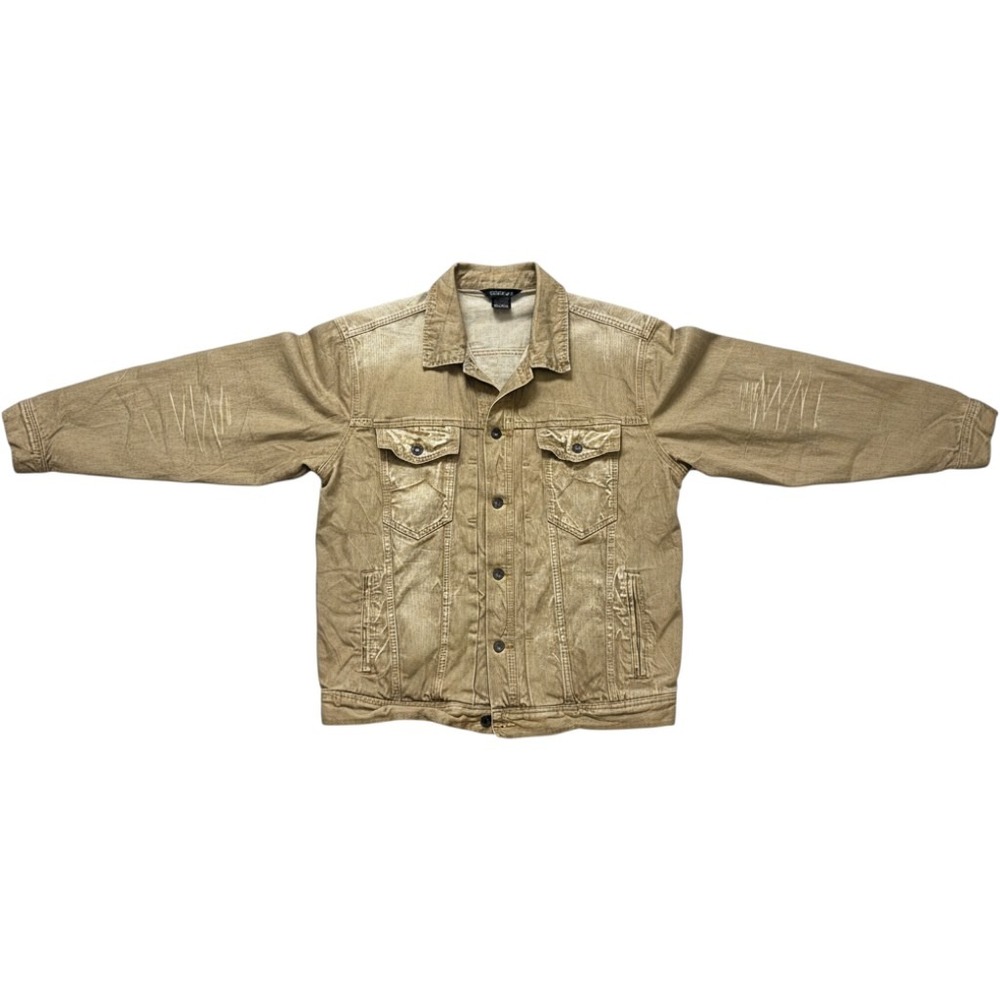 Rocawear Mens 2XL Tan Washed Denim Trucker Jacket Cotton Streetwear Vintage